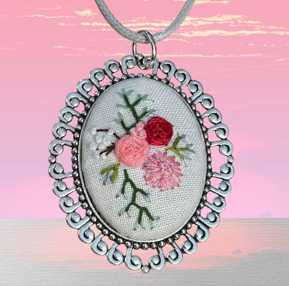 Handmade Pink Bouquet Cameo Necklace Embroidery Botanical Pendant